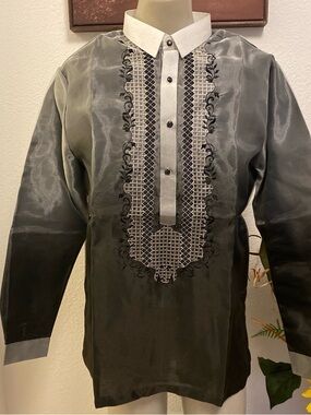 Embroidered Filipino Barong Tagalog XL Black Organza Satin Tunic with Gray Trim